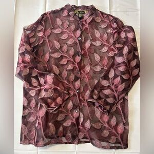 Vintage Mirasol Sheer Burgundy Button Up Long Sleeve 100% Silk Embroidered Leaf